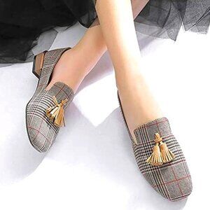 British Style Square Toe Plaid Shoes flats Tassels Loafers size 4.5-5